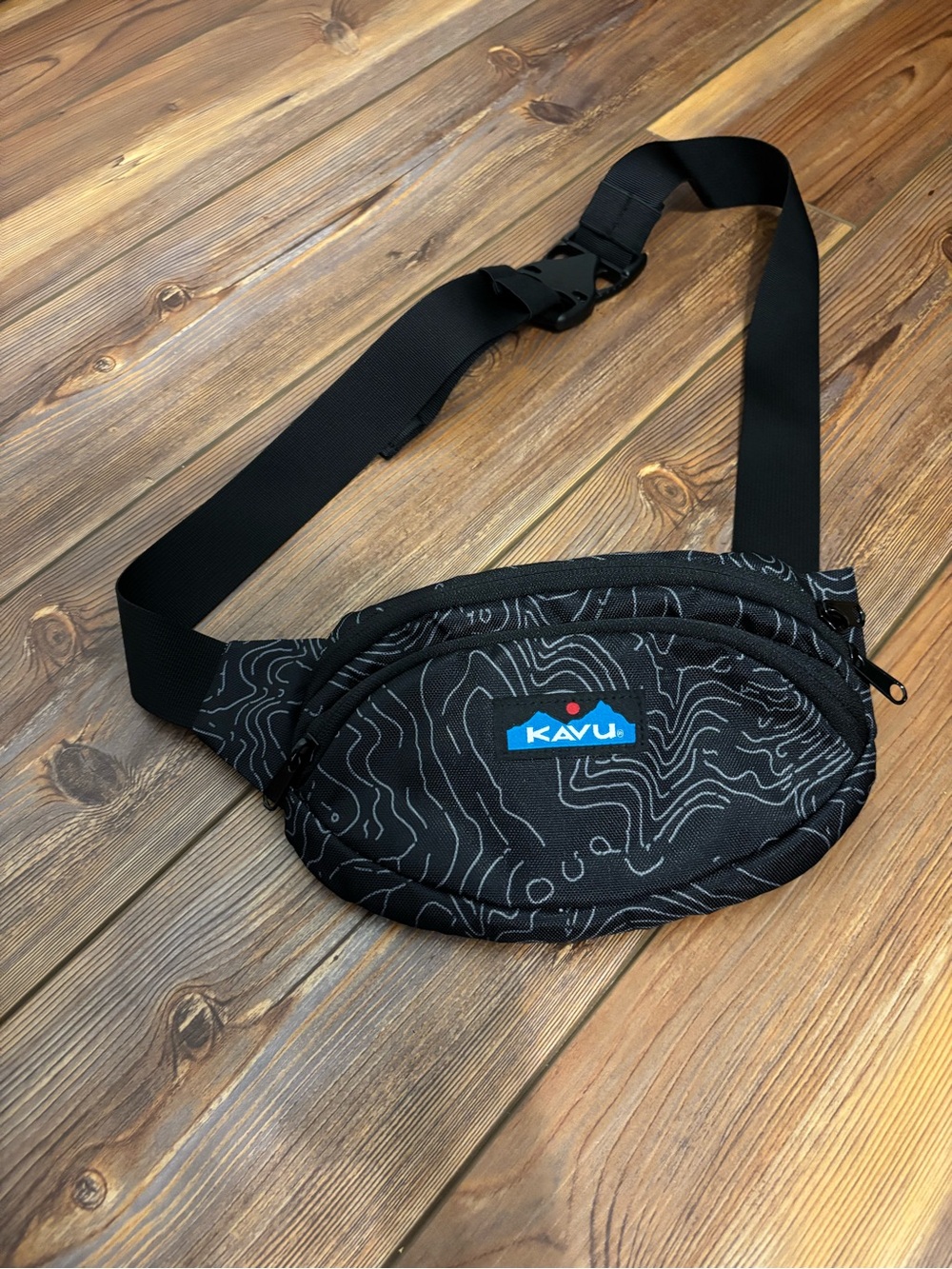 Kavu Black Topo Print Waist Pack with Blue Logo